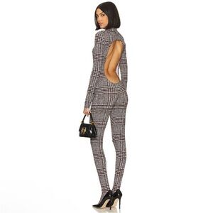 Norma Kamali Chocolate Glenn Plaid Long Sleeve Open Back Catsuit Jumpsuit NEW